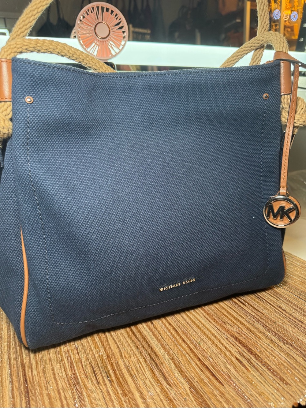 Michael Kors Navy Canvas Messenger Bag with Tan Trim